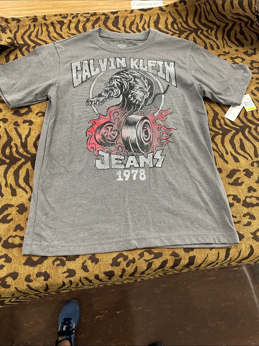 Calvin Klein Gray Graphic Tee with Red Flame Accents